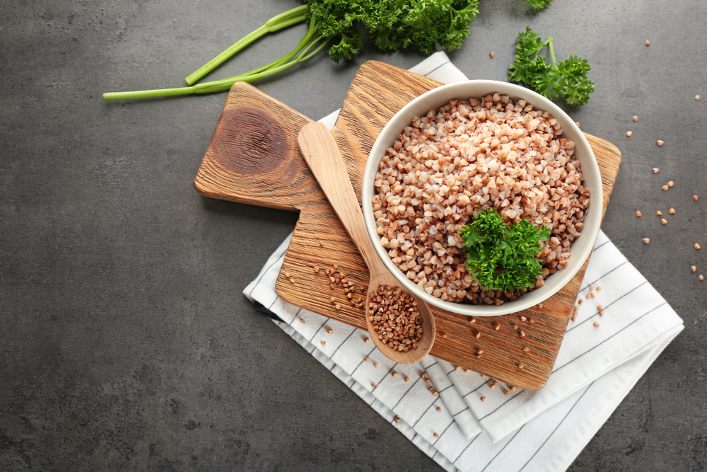 Bowl,Of,Tasty,Buckwheat,Porridge,On,Table,,Top,View